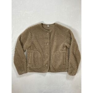 Uniqlo Women's Fleece Cardigan Jacket Tan Round Neck Button Front Pockets